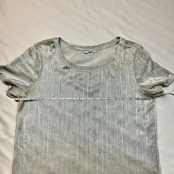 Bar III Metallic Ribbed Textured Top Silver Women’s Medium Scoop Neck Shimmer - Picture 6 of 16